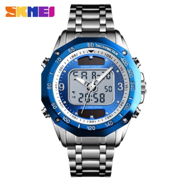 SKMEI 1493 Dual Time Solar 3atm Stainless Steel Watch Men Luxury Men's Fashion Watch - Image 2