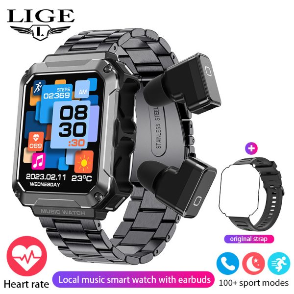 LIGE GPS 2-in-1 Bluetooth calling Blood Sugar TWS 4GB Multifunctional Waterproof Music Smartwatch with Earbuds
