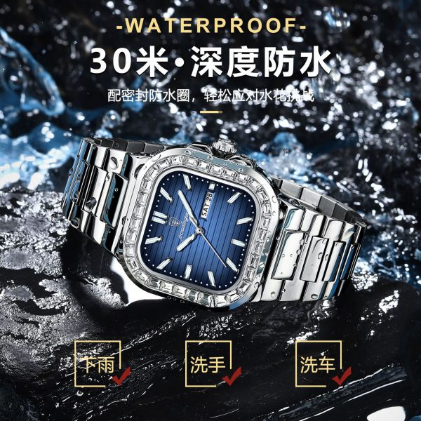 POEDAGAR Luxury Square Diamond Watch For Men Waterproof Luminous Casual Fashion Quartz Men's Watch - Image 3