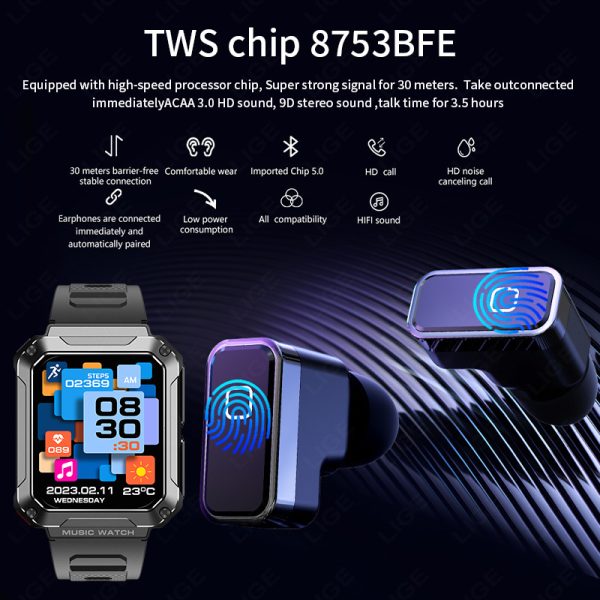 LIGE GPS 2-in-1 Bluetooth calling Blood Sugar TWS 4GB Multifunctional Waterproof Music Smartwatch with Earbuds - Image 4